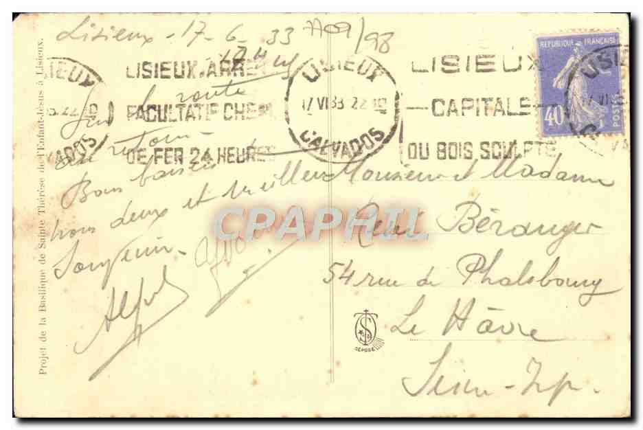 Basilique de Sainte-Thérèse de Lisieux — Projet de réalisation — Éditeur inconnu, n° de série non visible — Verso