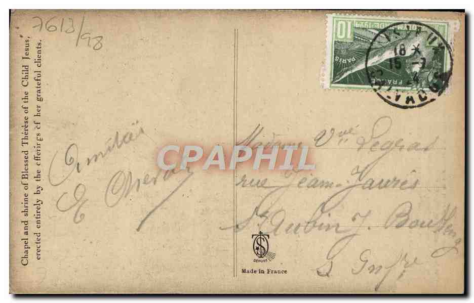 CPA Chapelle et chasse de la therese de l'enfant jesus Lisieux — Verso