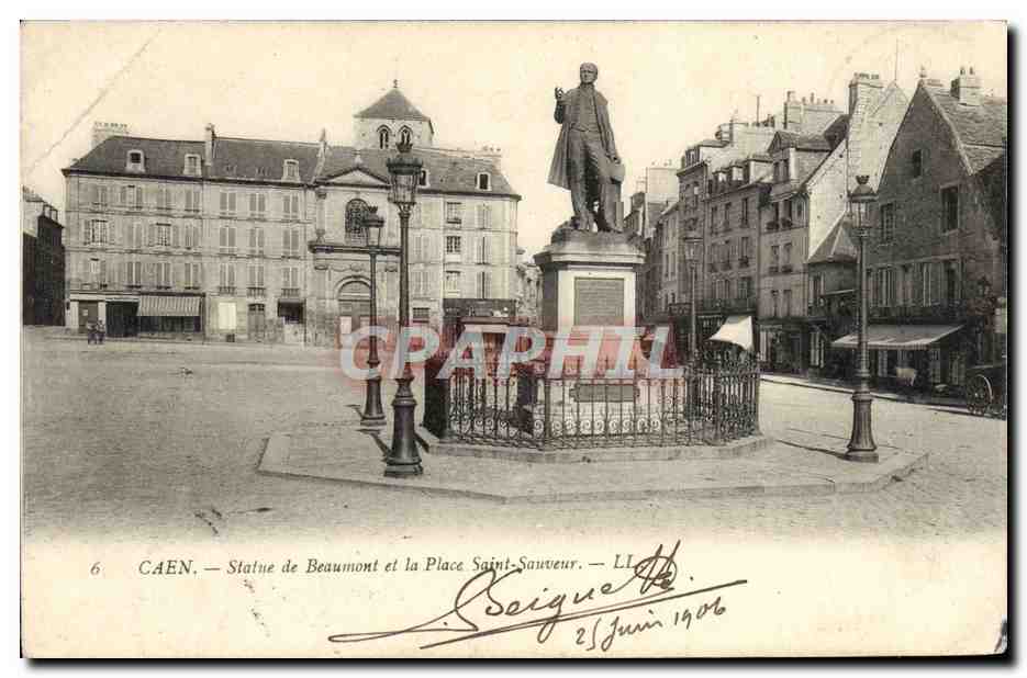 CPA Caen statue de beaumont et la place saint sauveur