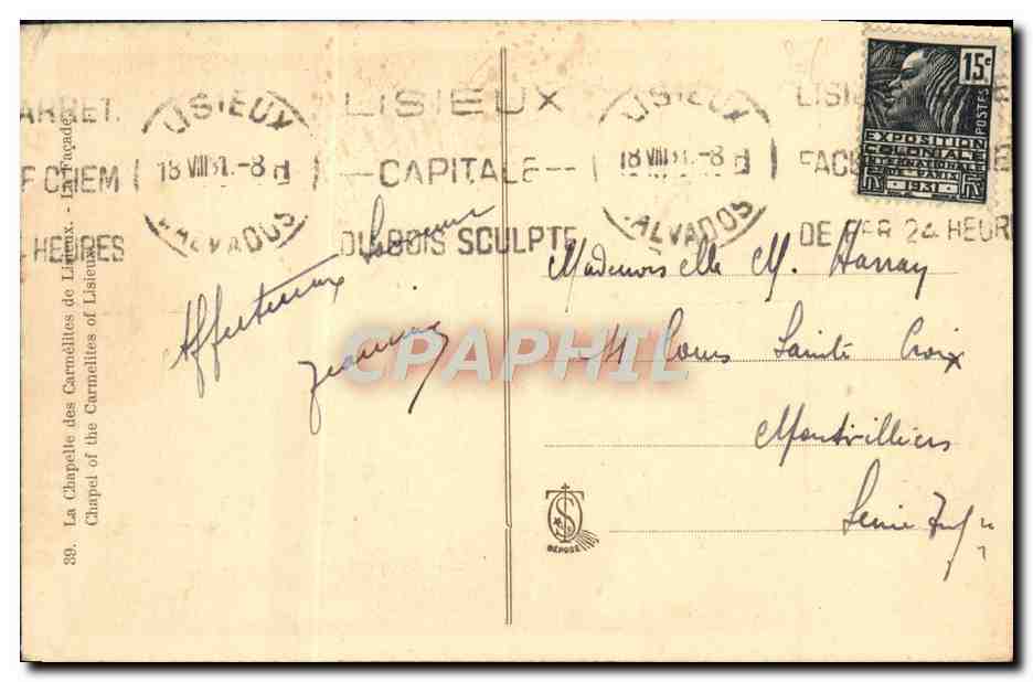 La Chapelle des Carmélites de Lisieux — éditeur 'Du Bois Sculpte' — n° 39 — Rückseite