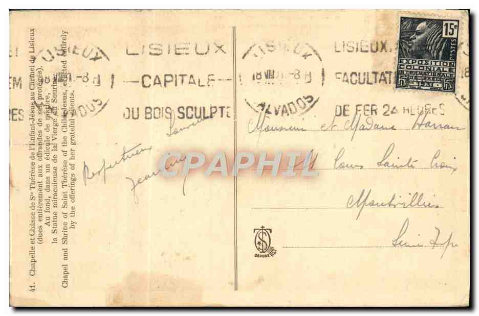 CPA Chapelle et chasse de sainte Lisieux — Rückseite