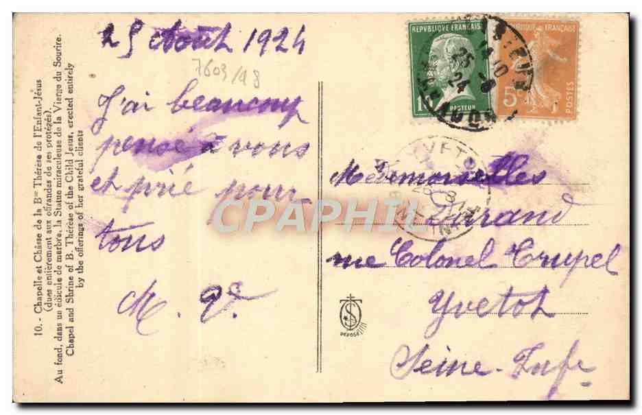 Chapelle et Châsse de la B. Thérèse de l'Enfant-Jésus — éditeur CPAPHIL, n°10 — Verso