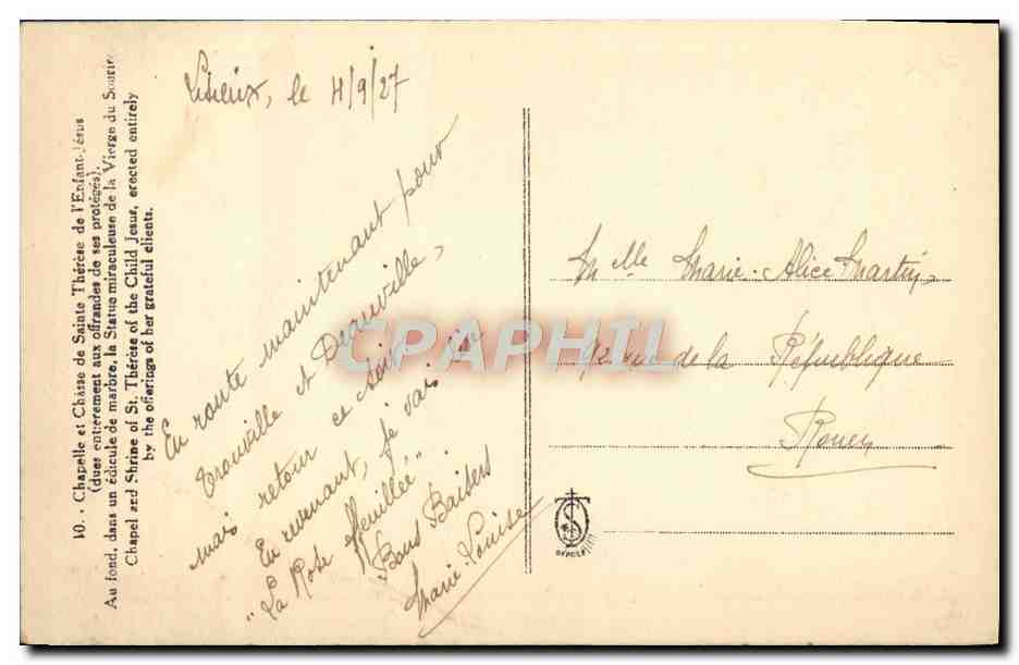 CPA Chapelle et chasse de sainte Lisieux — Rückseite