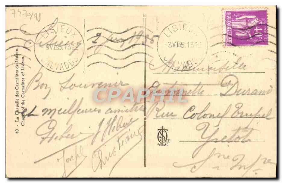 Innenansicht der Carmelitenkapelle in Lisieux — Verlag Dépôss, Nr. 40 — Rückseite