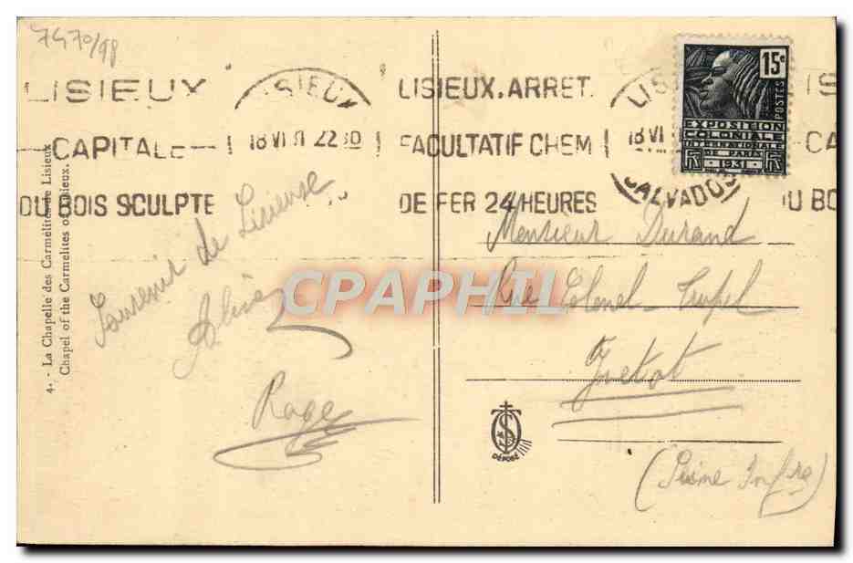 Intérieur de la chapelle des Carmélites de Lisieux — éditeur CPAPHIL, n°4 — Rückseite