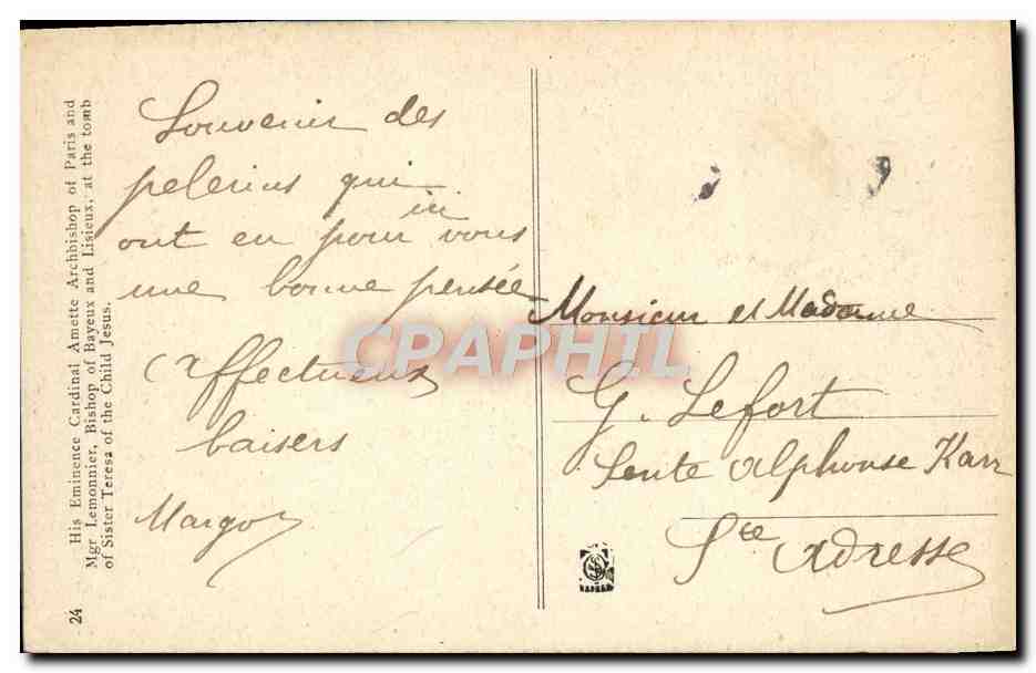 CPA S E le cardinal Amette archeveque de Paris Lemonnier Eveque de Bayeux  — Verso