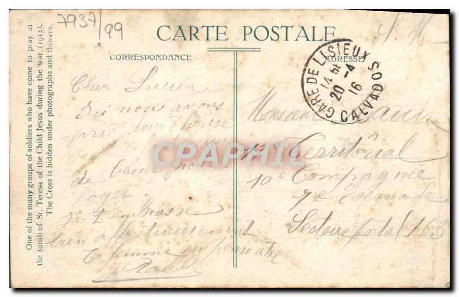 Tombe de Sr. Thérèse de l'Enfant Jésus — prières des soldats pendant la guerre (1915) — éditeur non visible — Verso