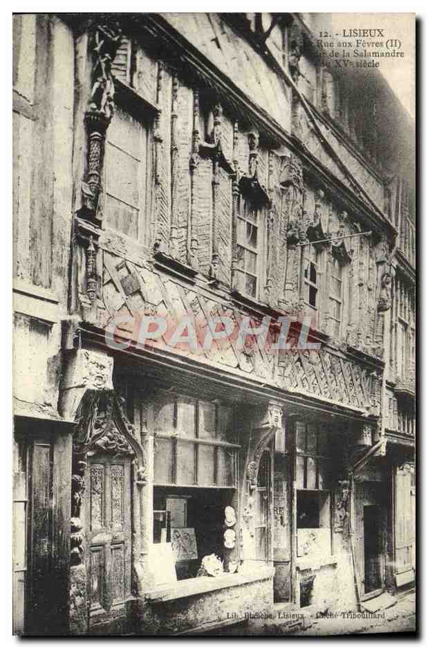 Lisieux — Rue aux Févres (II), rue de la Salamandre du XVes siècle — Lith. D'Albret, Lisieux, Impr. Tribouillard