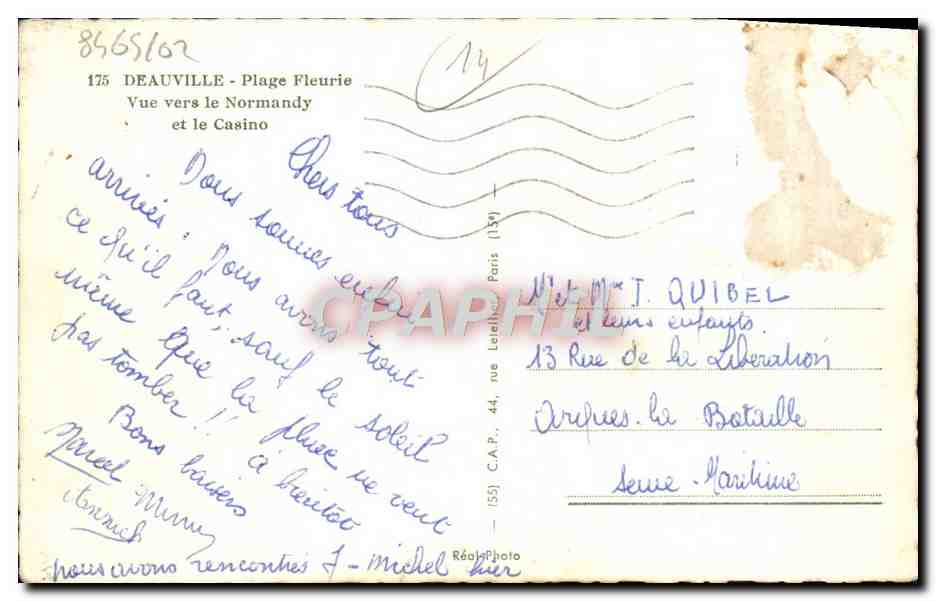 Deauville - Plage Fleurie — Vue vers le Normandy et le Casino — C.A.P. (155) Paris — Verso