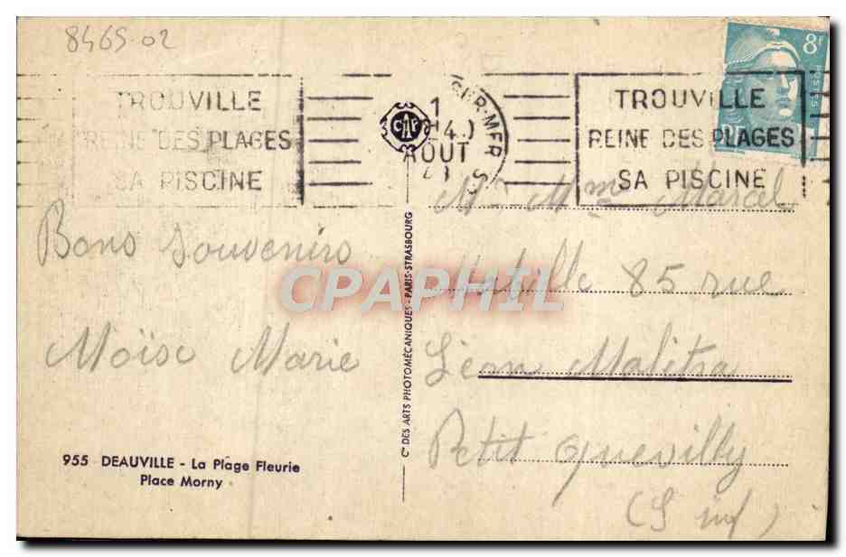 CPA Deauville La plage fleurie place morny — Verso