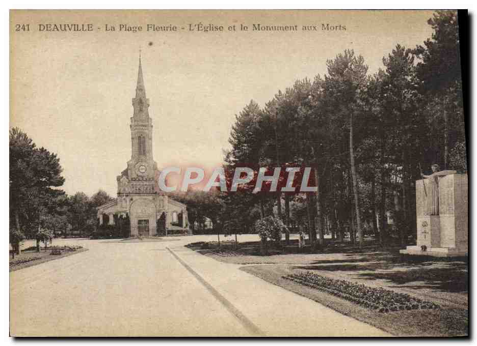 CPA Deauville La plage fleurie l'eglise et le monument aux morts