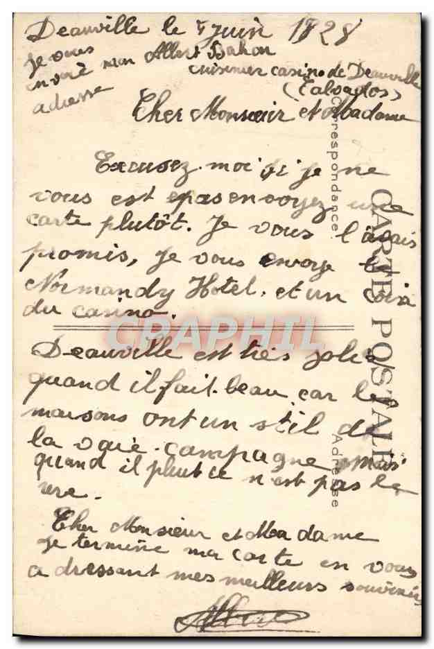 Deauville — Les Jardins et le Normandy Hôtel — R. Le Havre, n° 464 — Verso