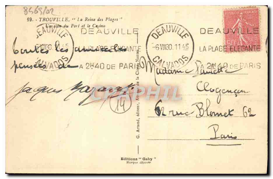 CPA Trouville Reine Des Plages Le Port et le casino Bateaux — Verso