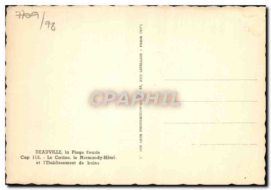 CPAM Deauville Le casino le Normandy Hotel et l'etablissement des bains — Verso