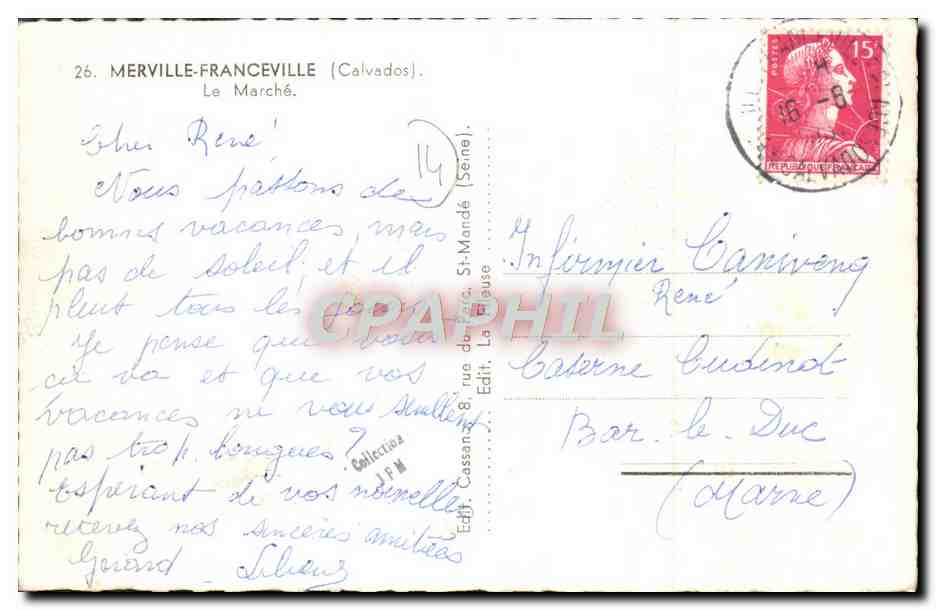 CPM Merville franceville le marche — Verso
