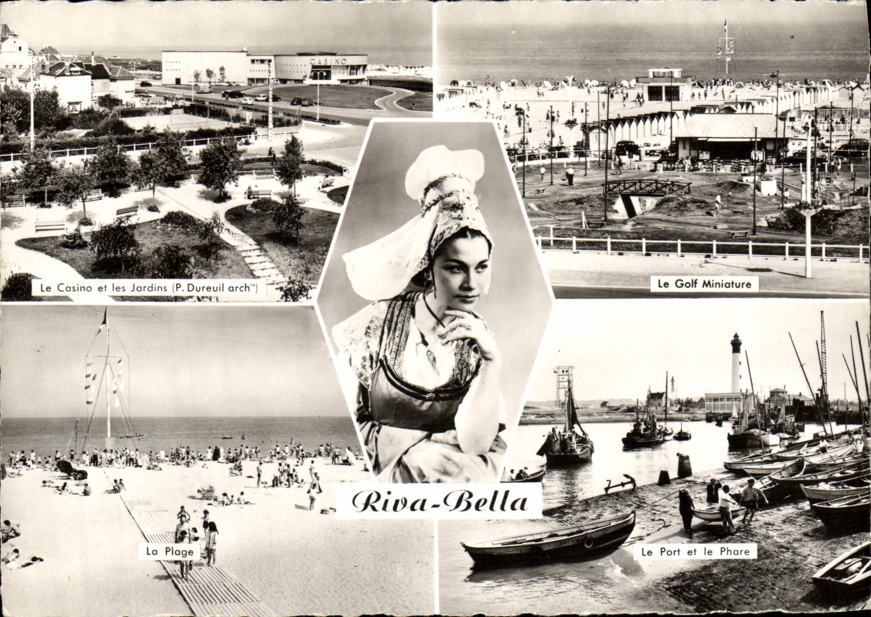 Riva-Bella — Vue panoramique du casino, des jardins, de la plage, du port et du phare — Réal-Photo