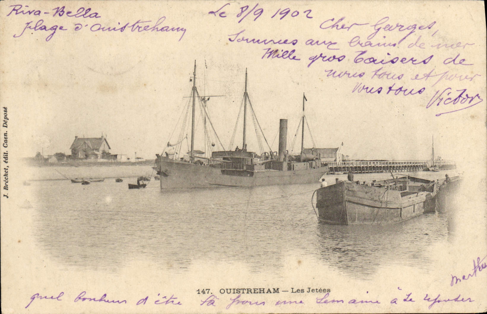 Ouistreham — Les Jetées — J. Bréchet, éd. Caen. Déposé. N° 147