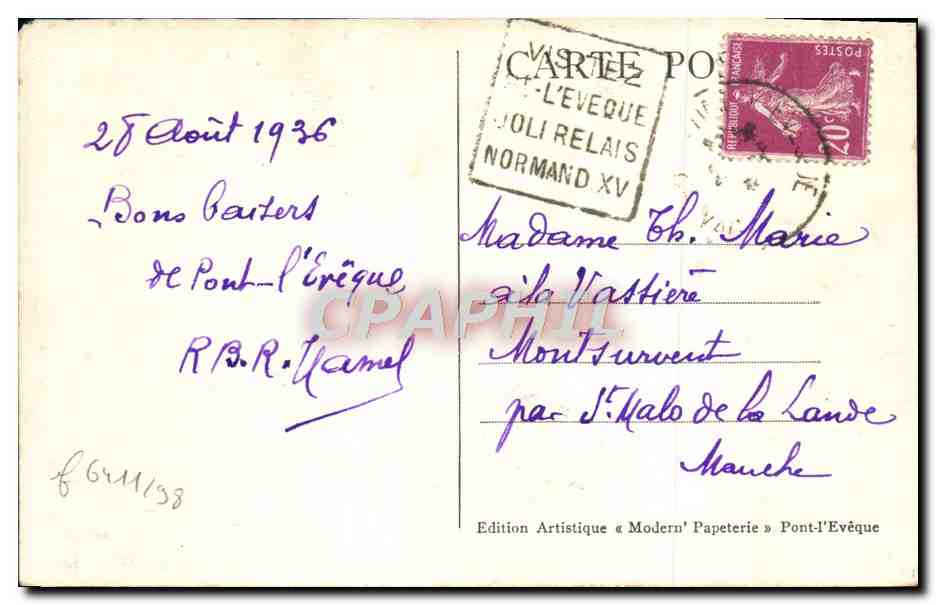 CPA La normandie Pont L'Eveque Hotellerie de l'Aigle d'or Anceinr elais Cour interieure  — Rückseite