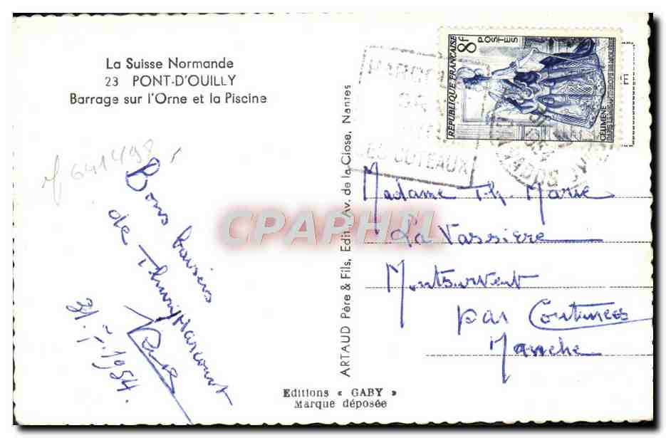 CPM La Suisse Normandie Pont d'Ouilly Barrage sur l'orne et la piscine — Rückseite