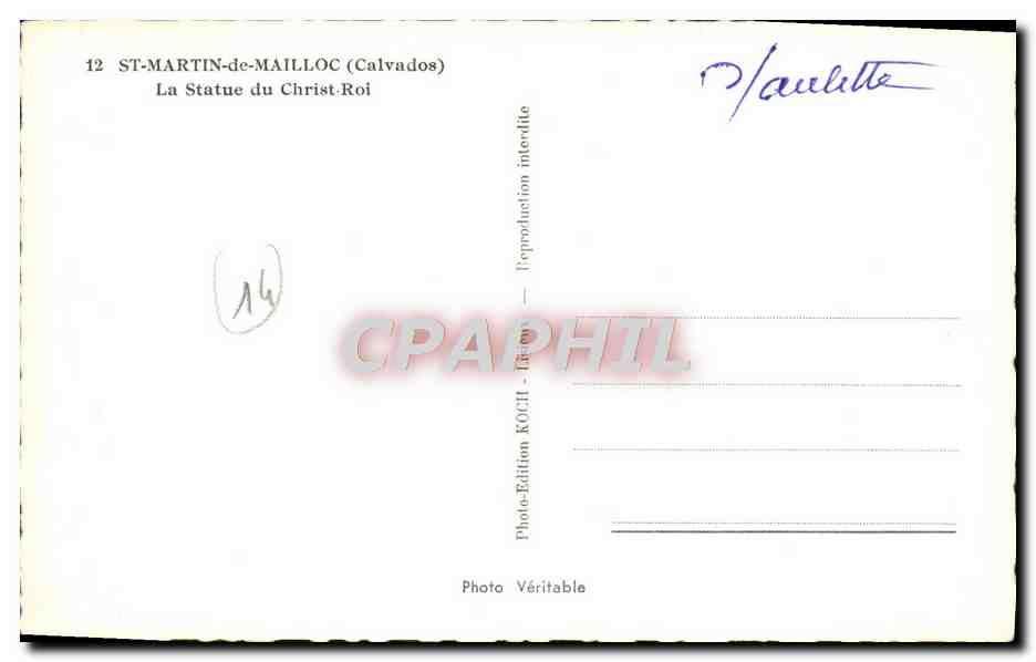 Statue du Christ-Roi — ST-MARTIN-de-MAILLOC (Calvados) — Édition CPAPHIL — Verso