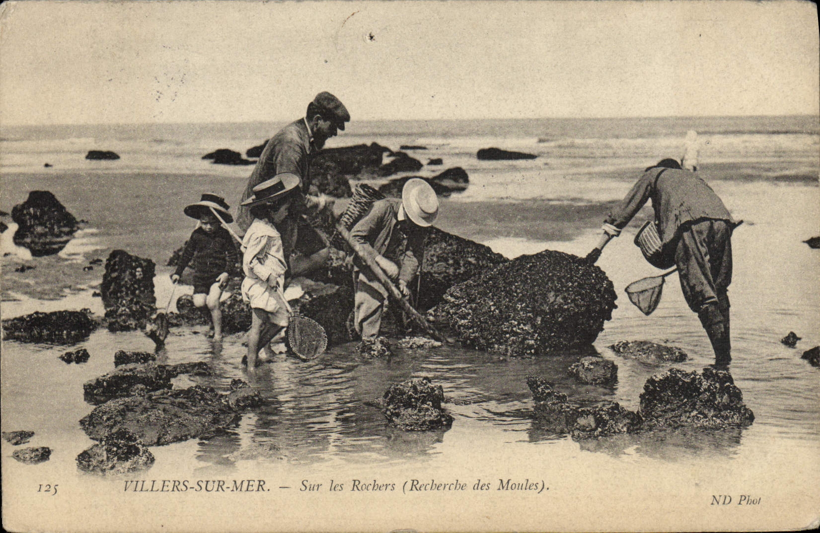 Tarjeta postal antigua Villers Sur Mer Sobre las Rocas Búsqueda de mejillones