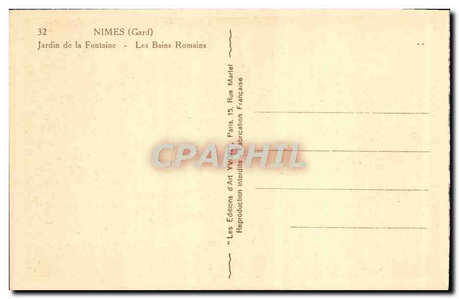 Nîmes (Gard) — Jardin de la Fontaine - Les Bains Romains — Les Éditions d'Art Yvon, Paris — Verso