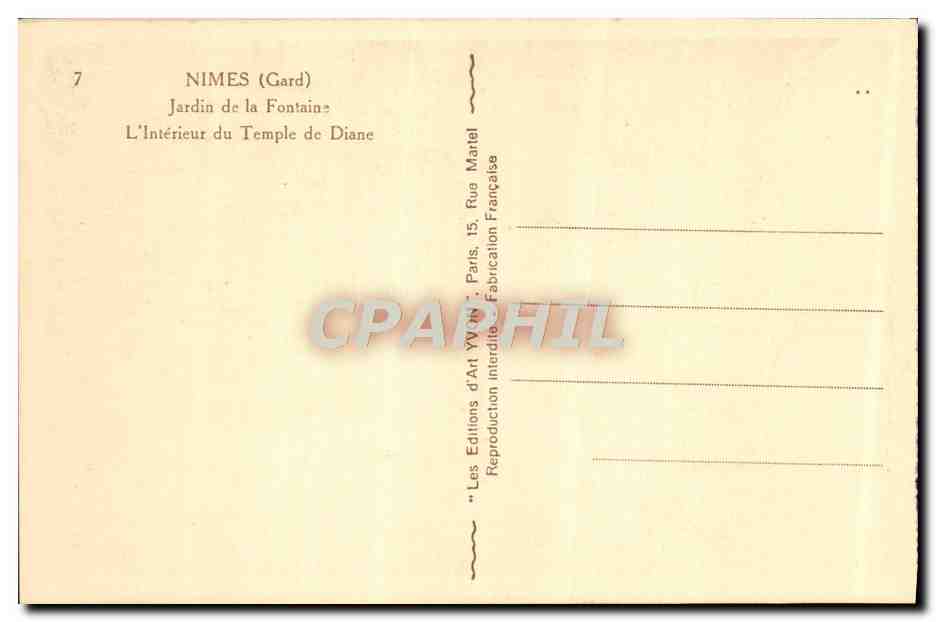 Nîmes (Gard) — Jardin de la Fontaine, L'Intérieur du Temple de Diane — Les Éditions d'Art YW, Paris — Verso