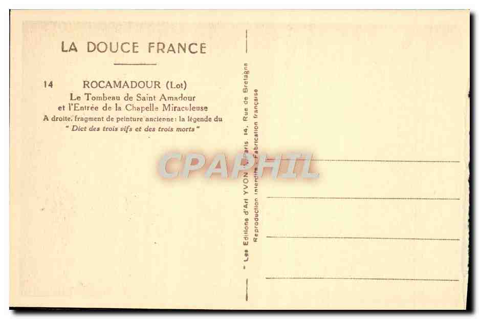 Rocamadour (Lot) — Le Tombeau de Saint Amadour et l'Entrée de la Chapelle Miraculeuse — Éditions d'Art YVON, Paris — Verso