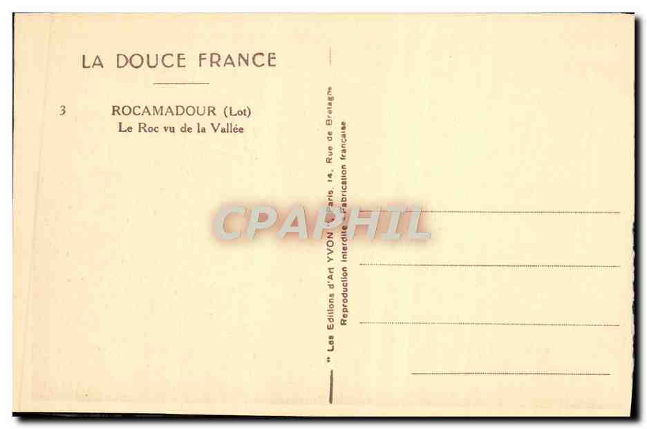 Rocamadour (Lot) — Le Roc vu de la Vallée — Les Éditions d'Art YVON, Paris — Verso