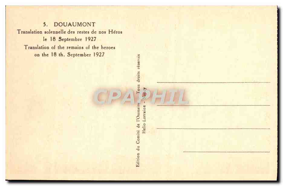 CPA Douaumont Translation solennelle des restes de nos Heros le 18 Septembre 1927 Militaria — Rückseite