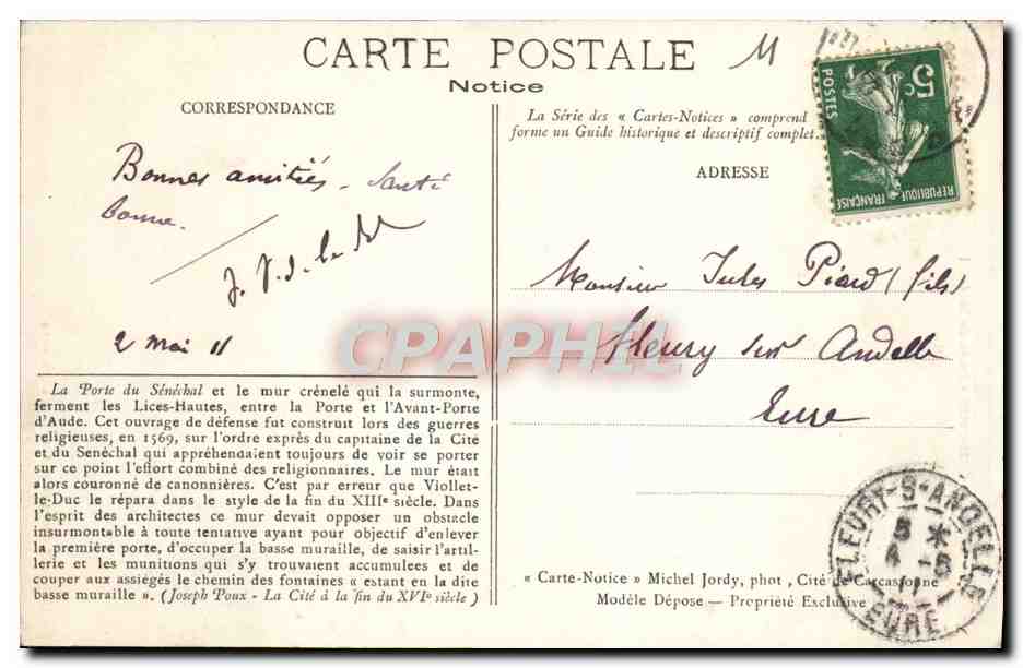 Carcassonne - Porte du Sénéchal — Notice — Éditeur Michel Jordy, n°7 — Verso