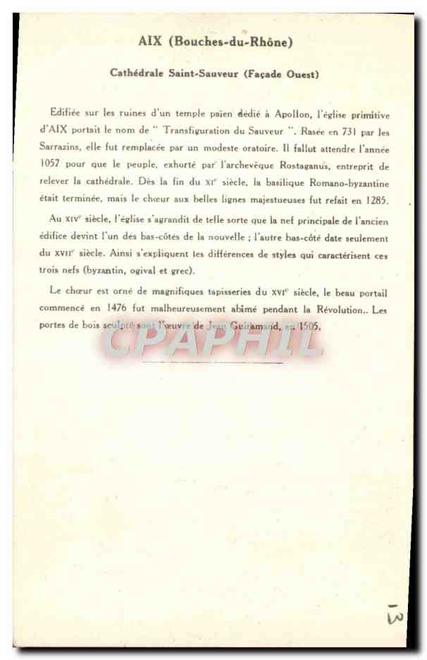 Aix (Bouches-du-Rhône) — Cathédrale Saint-Sauveur (Façade Ouest) — Collection de la Kolarsine et de la Solution Pautaubege, 3e Série — Verso