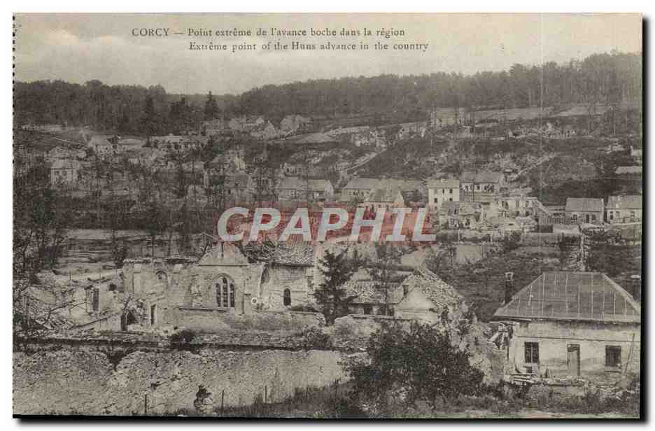 Corcy — Point extrême de l'avance boche dans la région — Éditeur B. Nouguede et H. Lefranc, sons