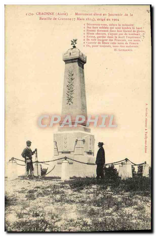 Craonne (Aisne) — Denkmal errichtet in Erinnerung an die Schlacht bei Craonne (7. März 1814), errichtet 1904 — A. Porte, Verleger in Vailly-sur-Aisne