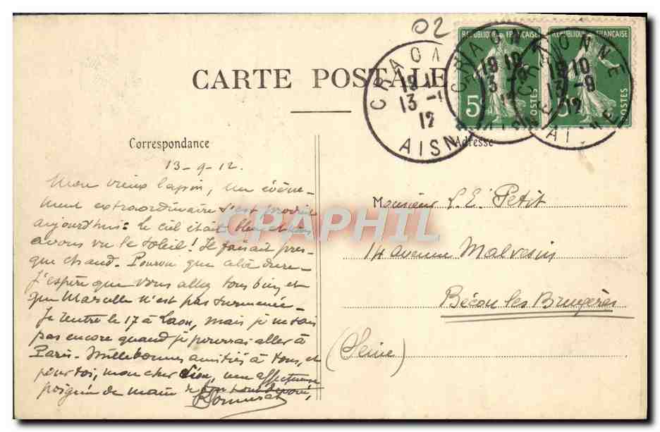 Craonne (Aisne) — Denkmal errichtet in Erinnerung an die Schlacht bei Craonne (7. März 1814), errichtet 1904 — A. Porte, Verleger in Vailly-sur-Aisne — Rückseite
