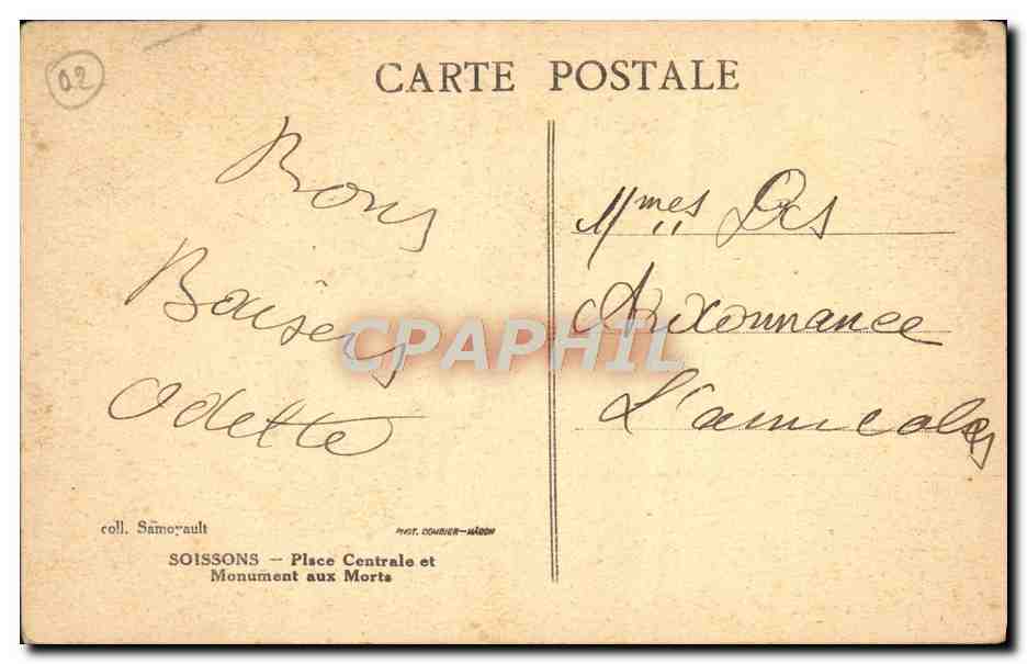 CPA Soissons Place Centrale et Monument aux Morts Militaria — Rückseite