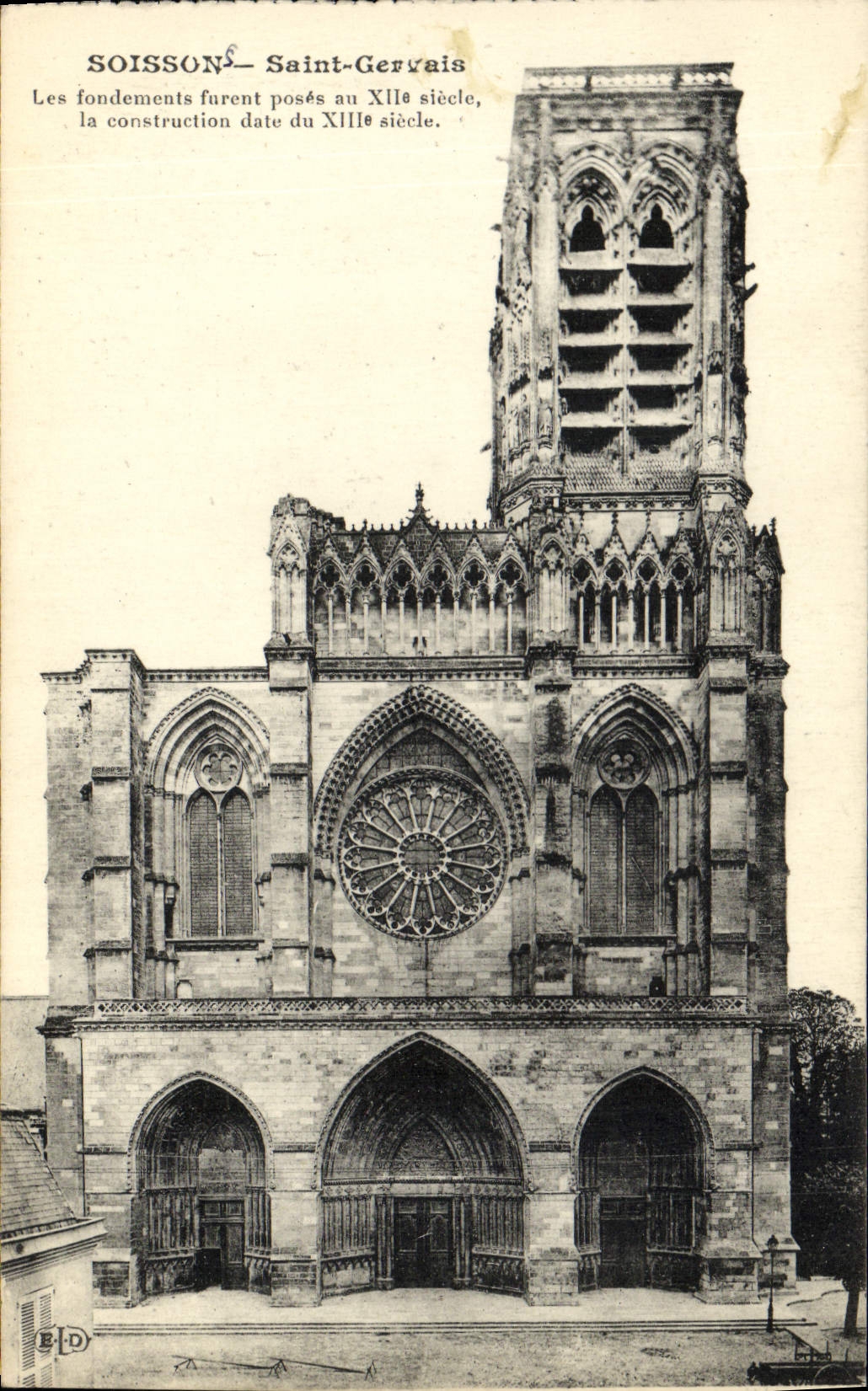 Soissons - Saint-Gervais — église gothique avec tour et rosace — éditeur B.D. - Recto