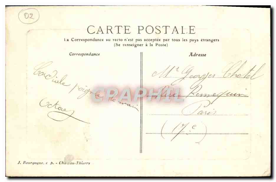 Sortie du Vieux Château — Château-Thierry — J. Bourgogne, c. p. — Verso