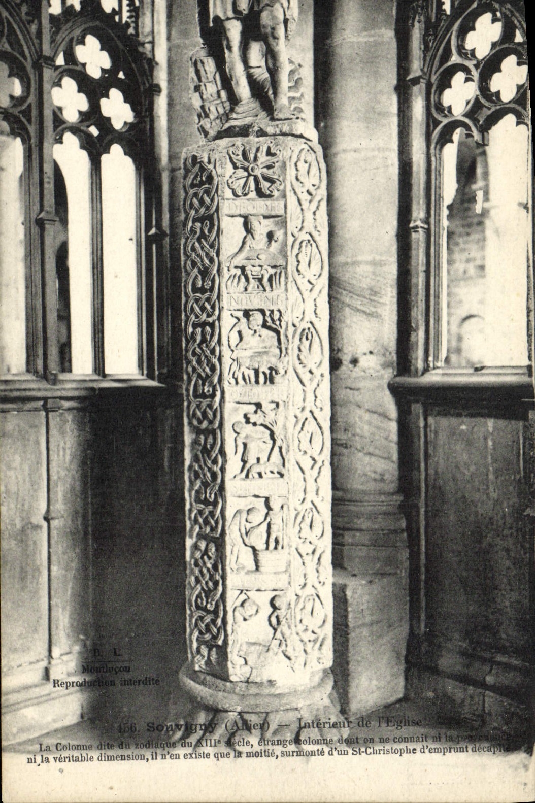 Souvigny (Allier) — Intérieur de l'Église — Colonne zodiacale du XIIIe siècle