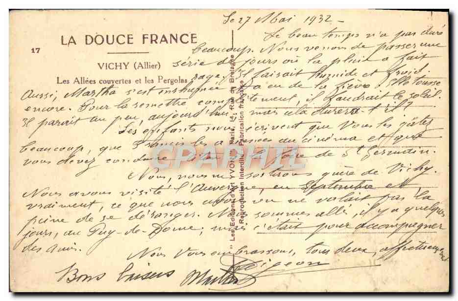 CPA La Douce France Vichy Les Allees Couvertes et les pergolas — Rückseite