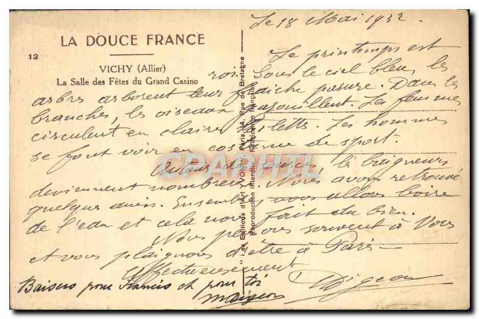 CPA La Douce France Vichy La Salle Des Fetes Du Grand Casino — Rückseite
