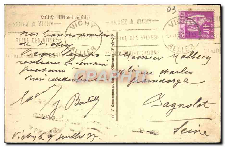 CPA Vichy L'Hotel de ville — Verso