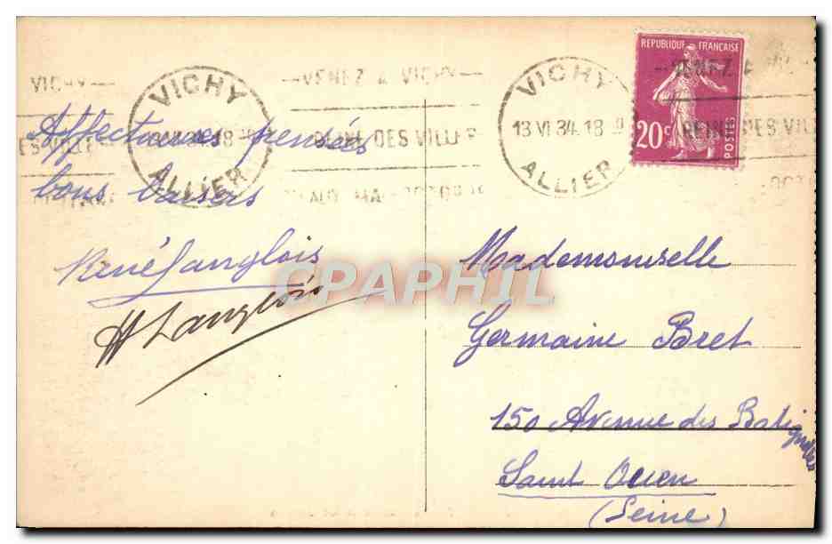 CPA Vichy Le Casino et les Jardins — Verso