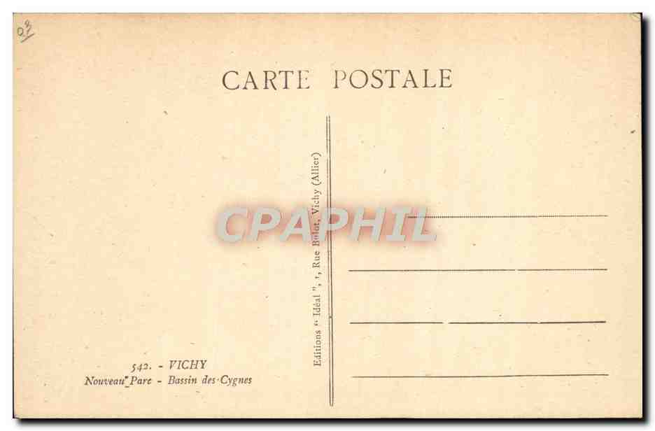 CPA Vichy Nouveau Parc Bassin des cygnes — Verso