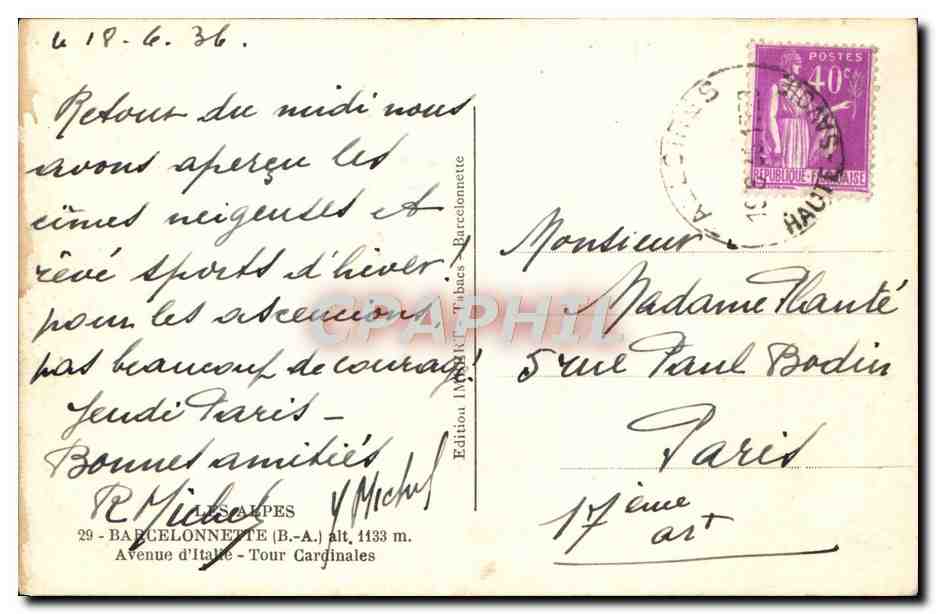 CPA Les Alpes Barcelonnette Avenue d'Italie tour cardinales — Back