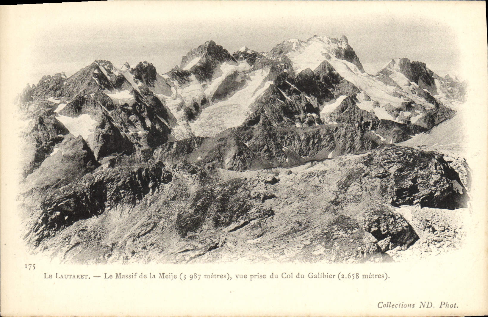 Le Lautaret — Le Massif de la Meije (3 987 mètres), vue prise du Col du Galibier (2 658 mètres) — Collections ND. Phot. n°175