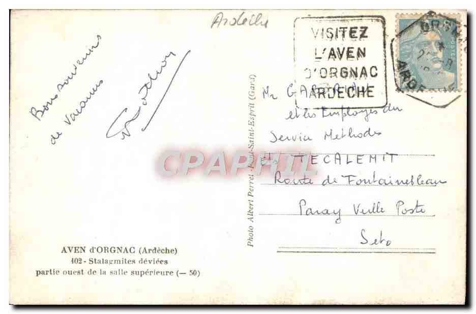 Aven d'Orgnac — Stalagmites déviées — partie ouest de la salle supérieure — Photo Albert Parret, Paul-Saint-Esprit (Gard) — n° 402 — Reverso