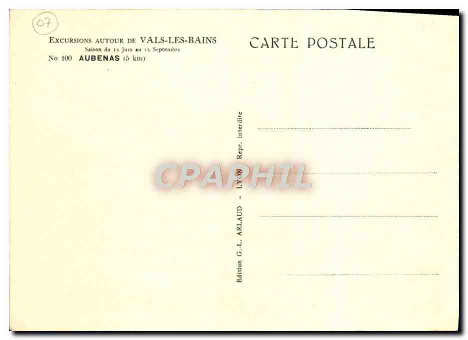 Vue panoramique d'Aubenas — Excursions autour de Vals-les-Bains — Édition G.-L. Arlaud, Lyon — Rückseite