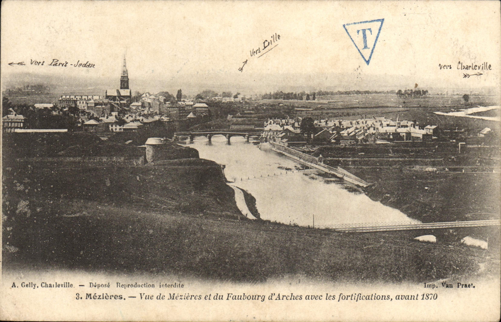 Mézières — Vue de Mézières et du Faubourg d'Arches avec les fortifications, avant 1870 — Imp. Van Praet