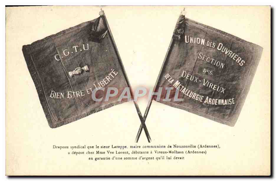 CPA Drapeau syndical Nouzonville Union des ouvriers Metallurgie ardennaise